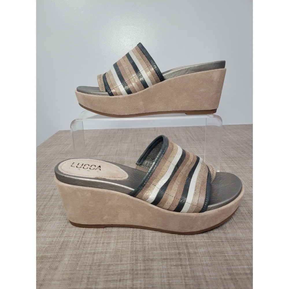 Lucca Lane Leanore Tan Multi Metallic Striped Leather Suede Wedge Sandals 8.5Mβ